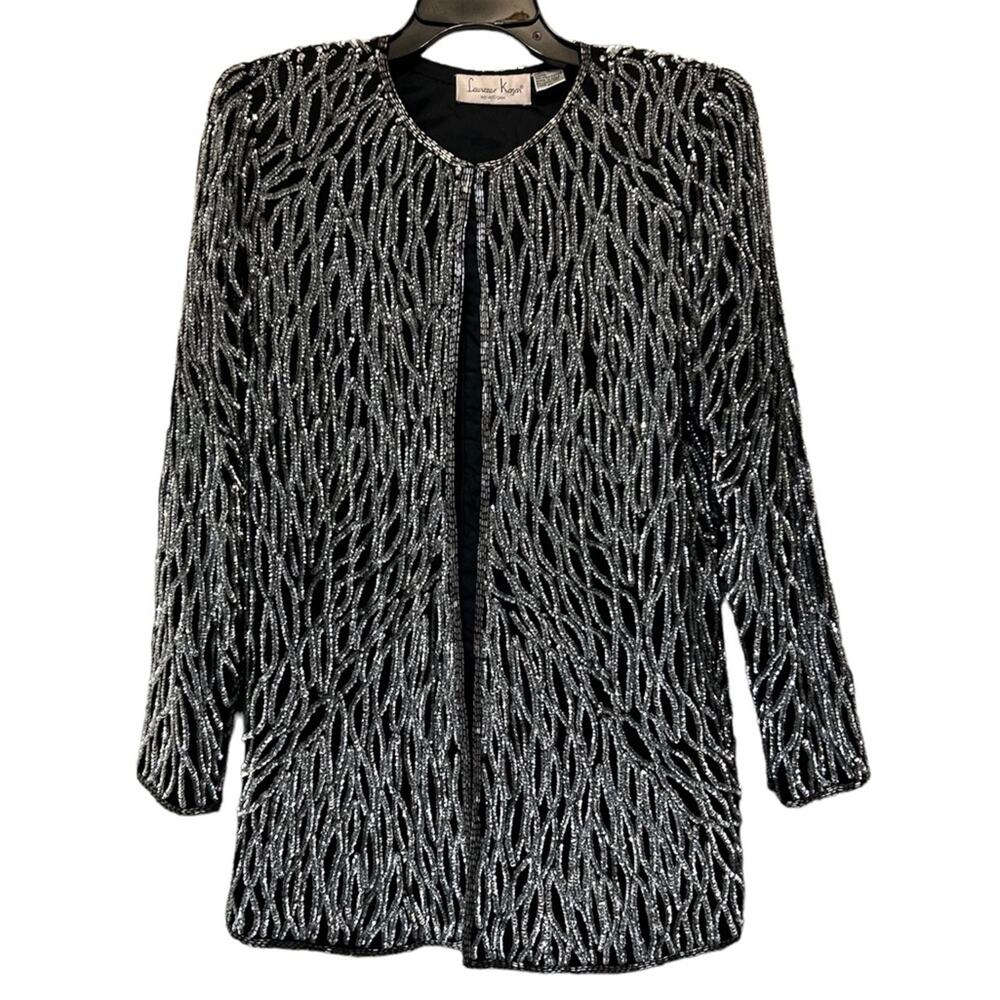 Laurence Kazar Sequin Beaded Cardigan 100% Silk Made in India Black Silver VTG